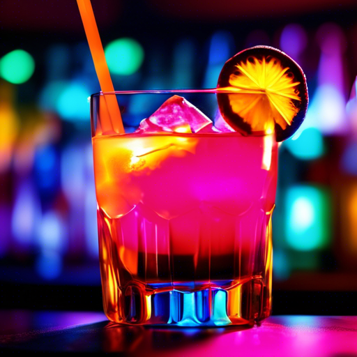 Hollywood Daze, Neon 80s cocktail with vibrant colors and