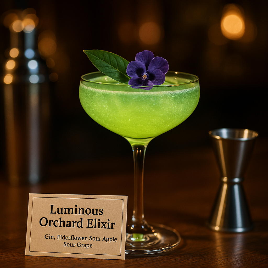 Luminous Orchard Elixir, Enchanting gin-based cocktail with floral and ...