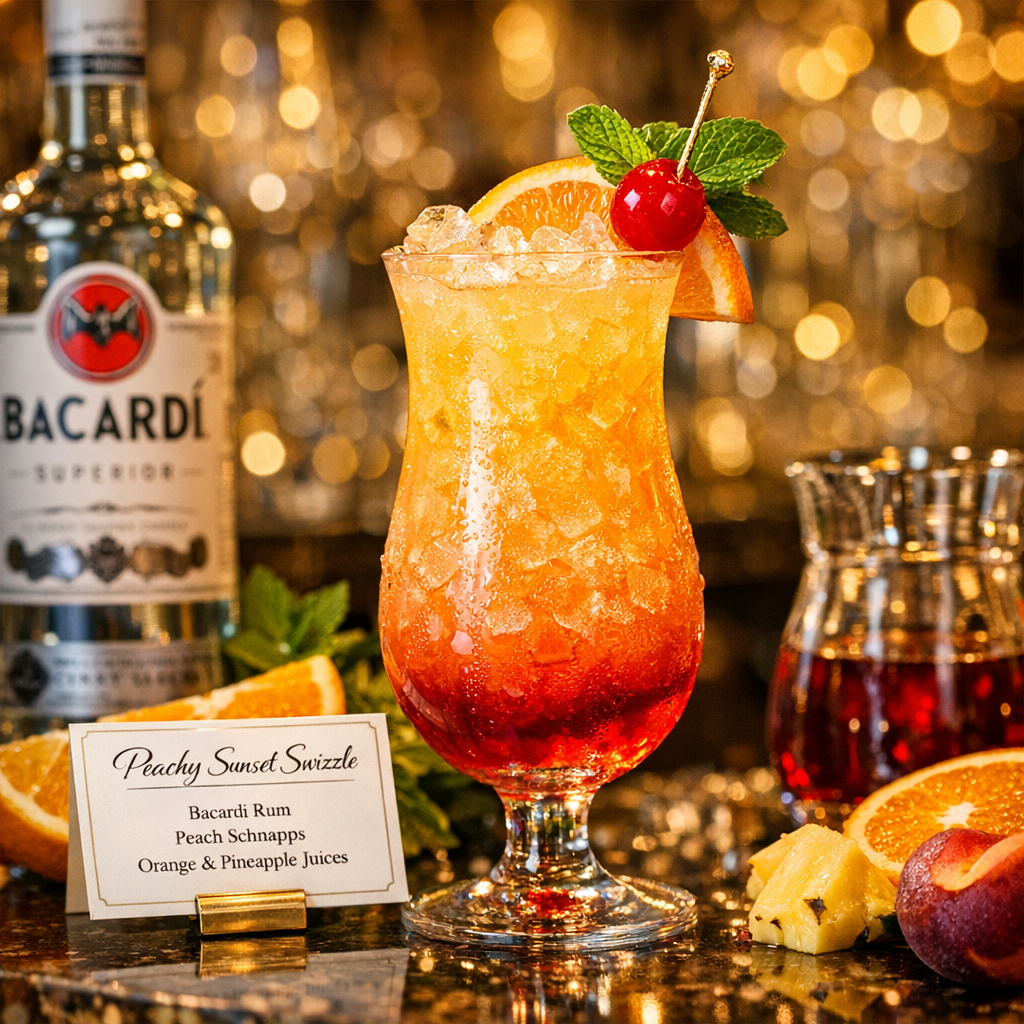 Peachy Sunset Swizzle, Tropical cocktail with vibrant sunset