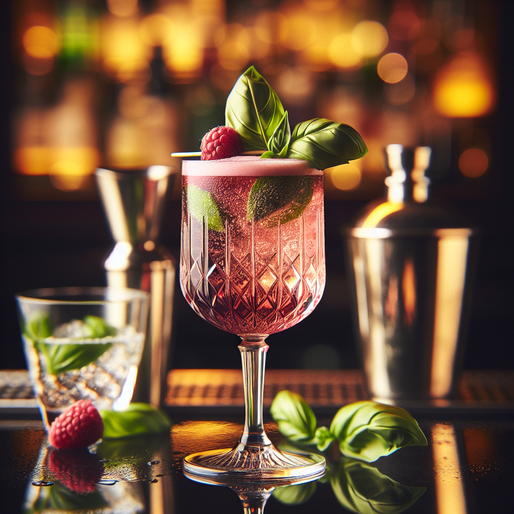 Raspberry Basil Fizz, Refreshing brunch cocktail with raspberry
