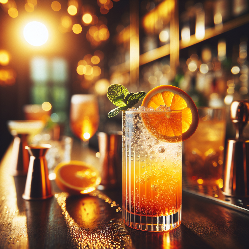 Sunset Fizz, Effervescent cocktail capturing vibrant hues of a setting sun